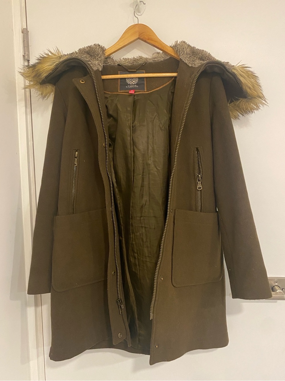 Vince Camuto Women’s Olive Green Faux Fur Trim Parka Coat